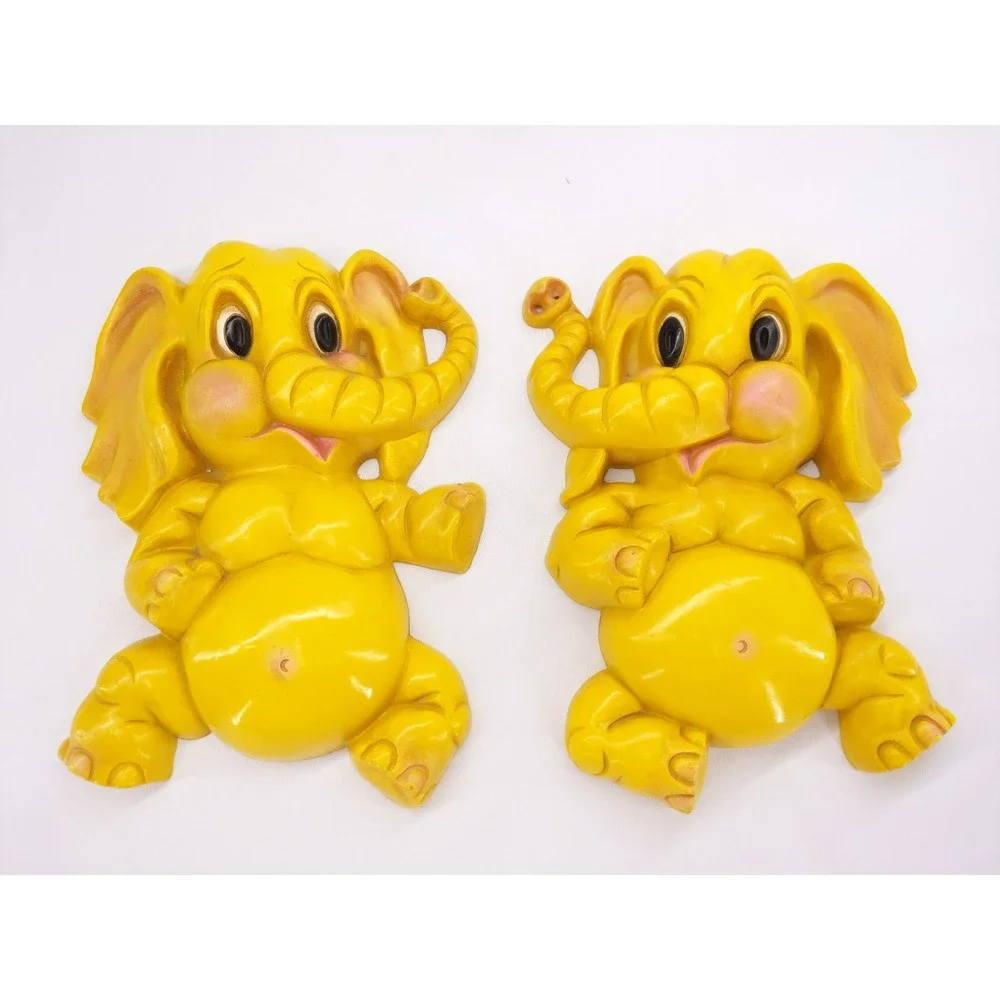 Homco Wall Plaques Yellow Vintage 1973 Elephant Nursery Decor Set of 2